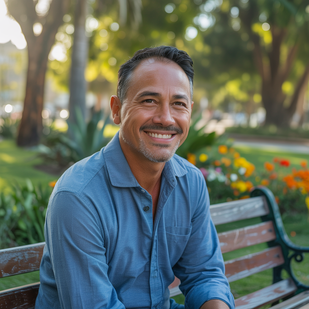 Latino stroke survivor smiling warmly in a sunny Southern California park, representing hope and resilience
