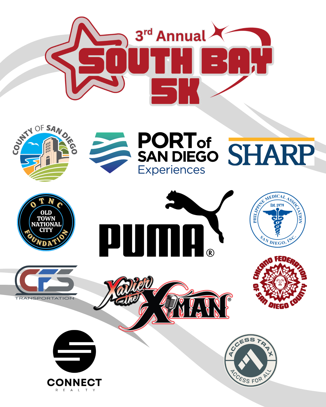3rd Annual South Bay 5K event flyer with sponsor logos including County of San Diego, Port of San Diego, Sharp, Puma, and more
